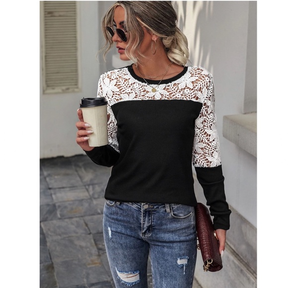 Contrast Lace Detail Black Long Sleeve Tee Shirt - Picture 2 of 7